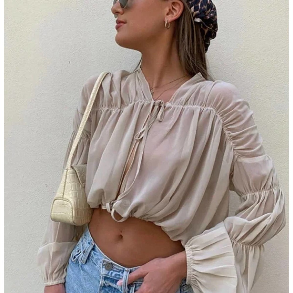 Lioness Princess Polly Revoir Cream Drawstring Long Sleeves Chiffon Top Size XS